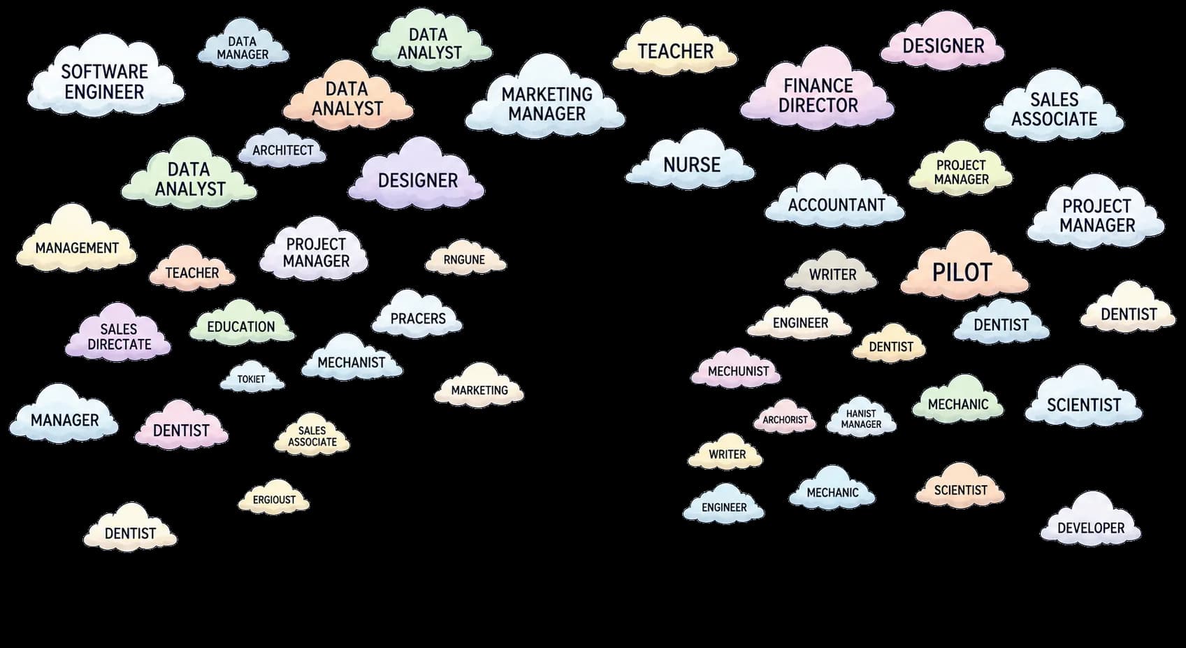 Clouds carrying job titles like Software Engineer, Designer, Nurse and Pilot