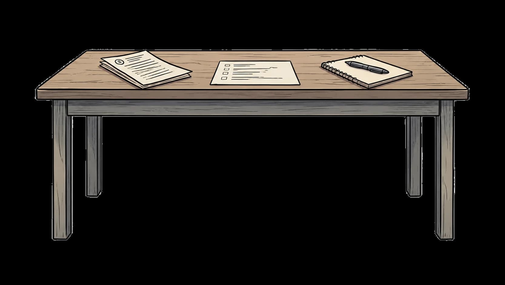 A desk with a resume, a checklist, and a notebook and pen